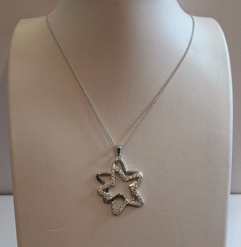 925 SILVER SILVER DOUBLE STAR PENDANT NECKLACE W/2 CT ACCENTS/18”