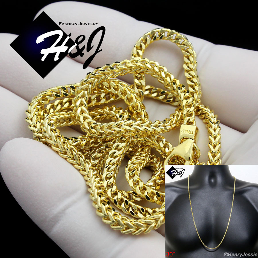 30″MEN 925 STERLING SILVER 2.5MM GOLD PLATED FRANCO BOX CURB LINK NECKLACE*GSN8
