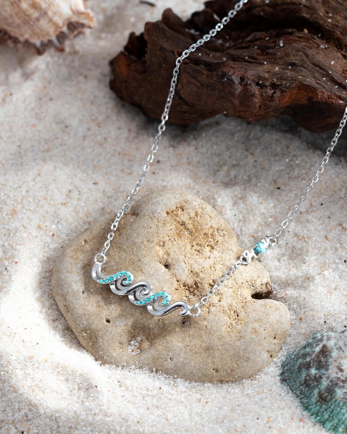 Wave Necklace for Women– 925 Sterling Silver Ocean Jewelry with Turquoise, Senti