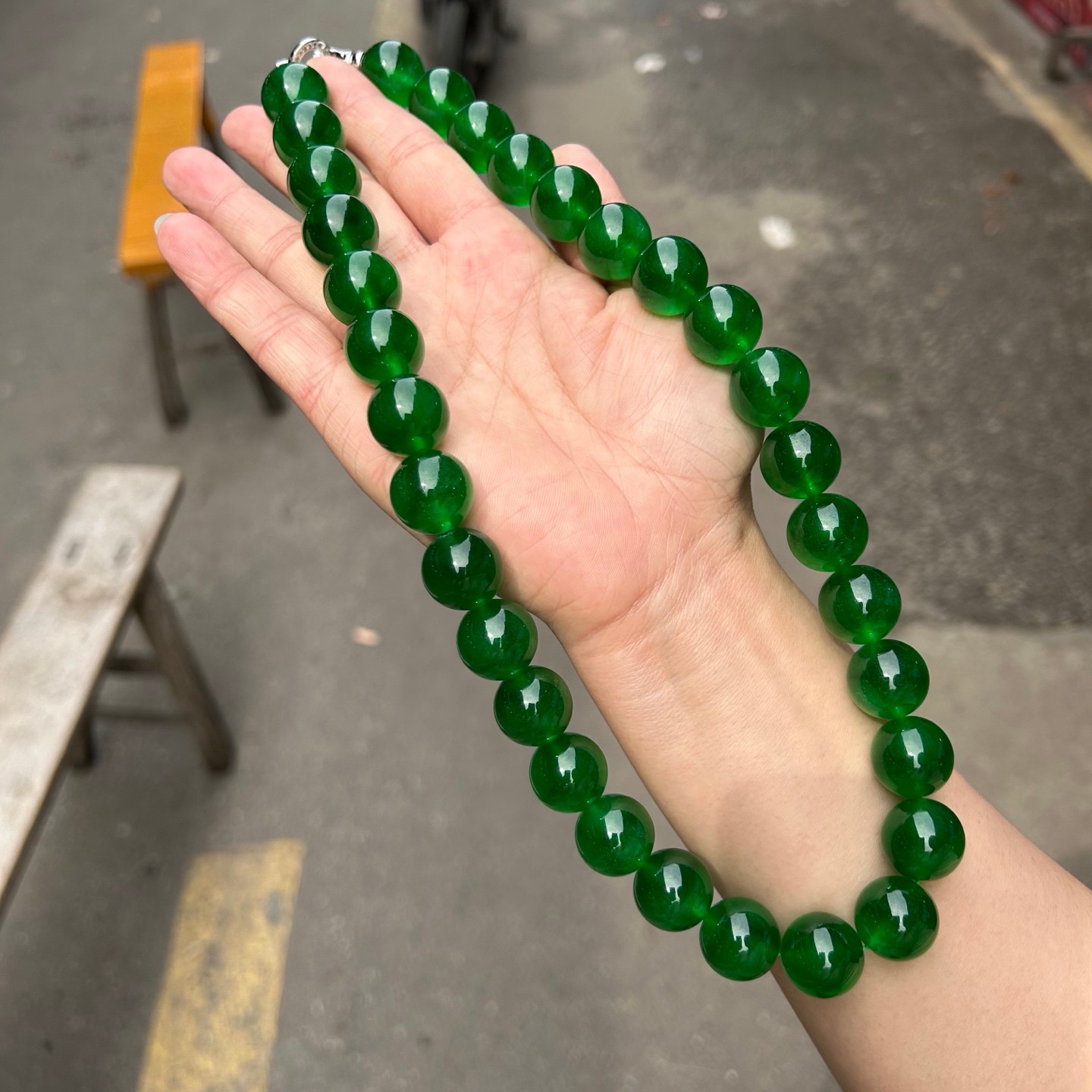 Luckly 17mm Nature round ice Green Burmese Jade Jadeite beads amulet Necklaces