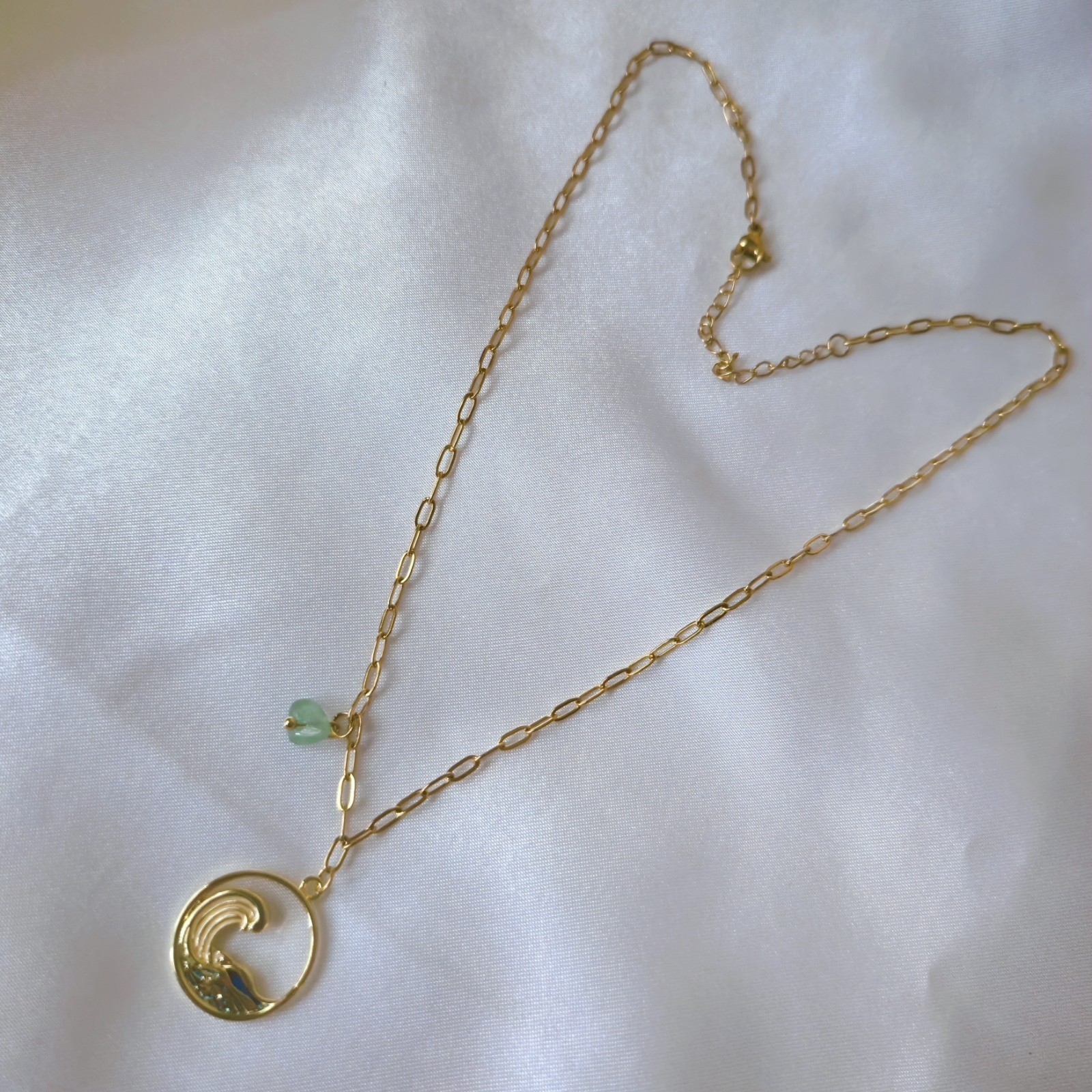18K Gold-plated Link Chain Necklace w/ Round Wave Charm Pendant & Green Crystal