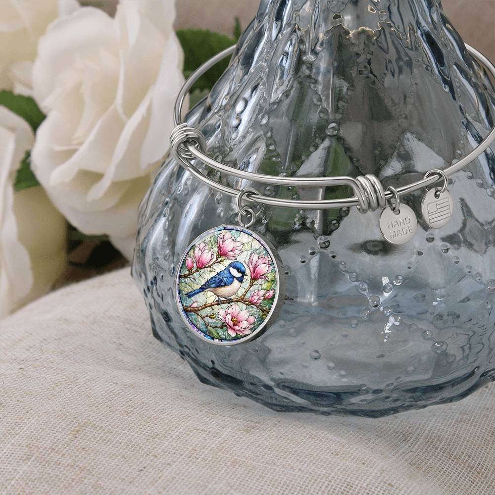Bluebird Floral Engraved Necklace Bracelet or Keychain