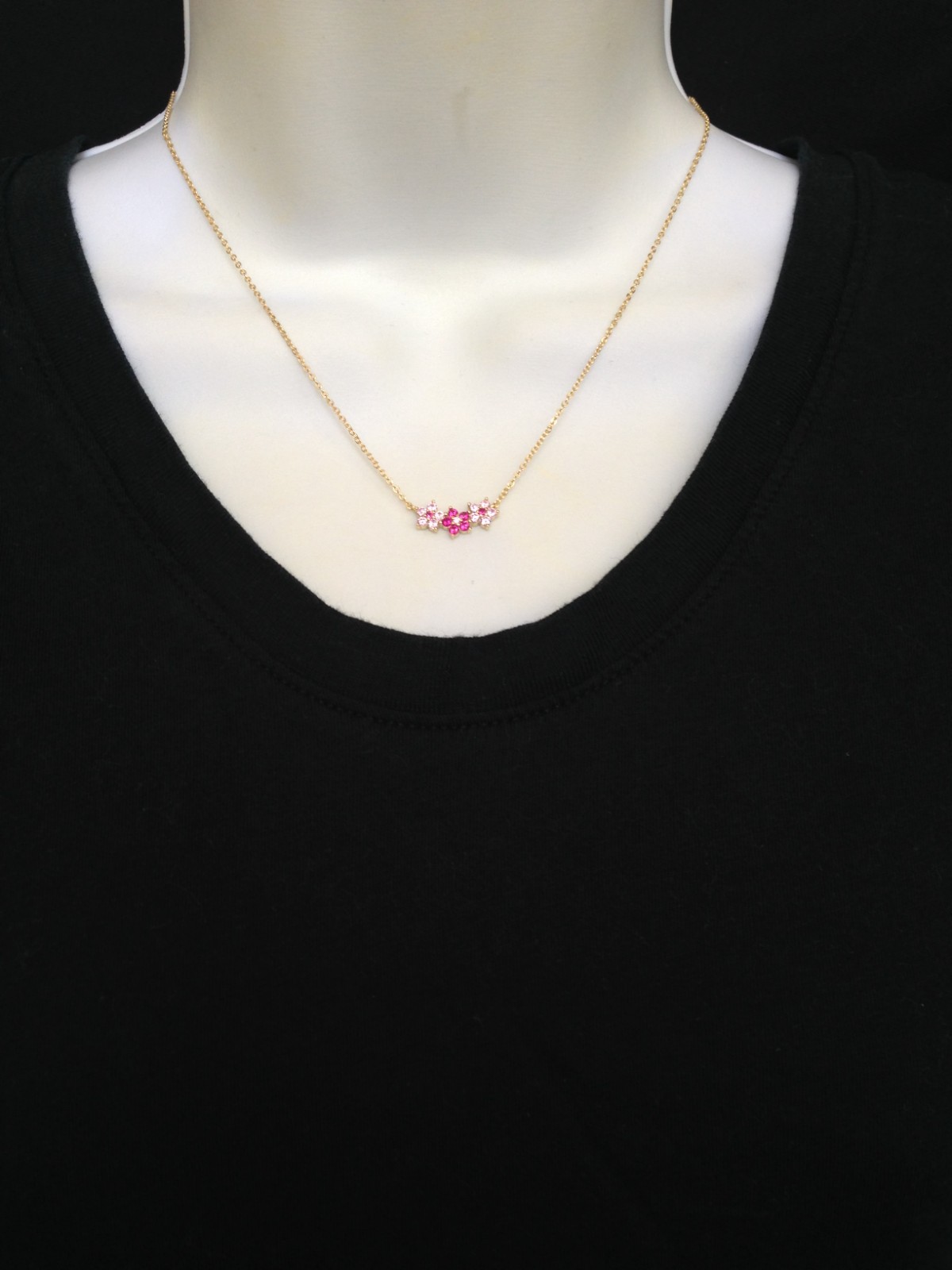 925 Sterling Silver CZ Pink Flower Pendant Gold Necklace Three Flower 16mm 17.5″