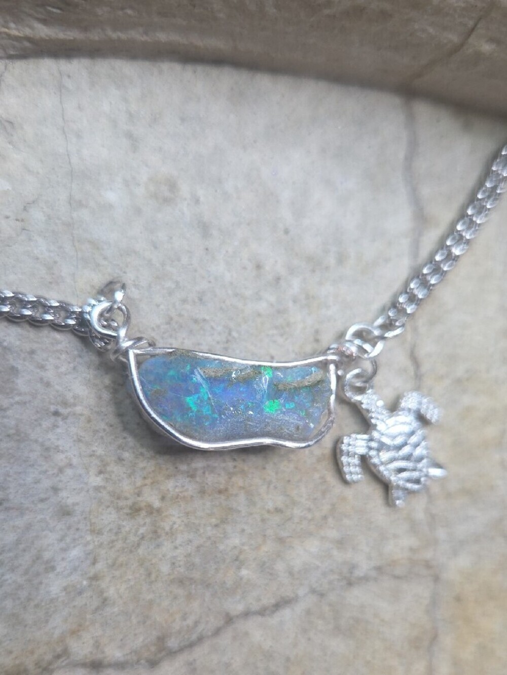 Handmade Ethiopian Oppal Wire Wrapped Necklace With Turtle