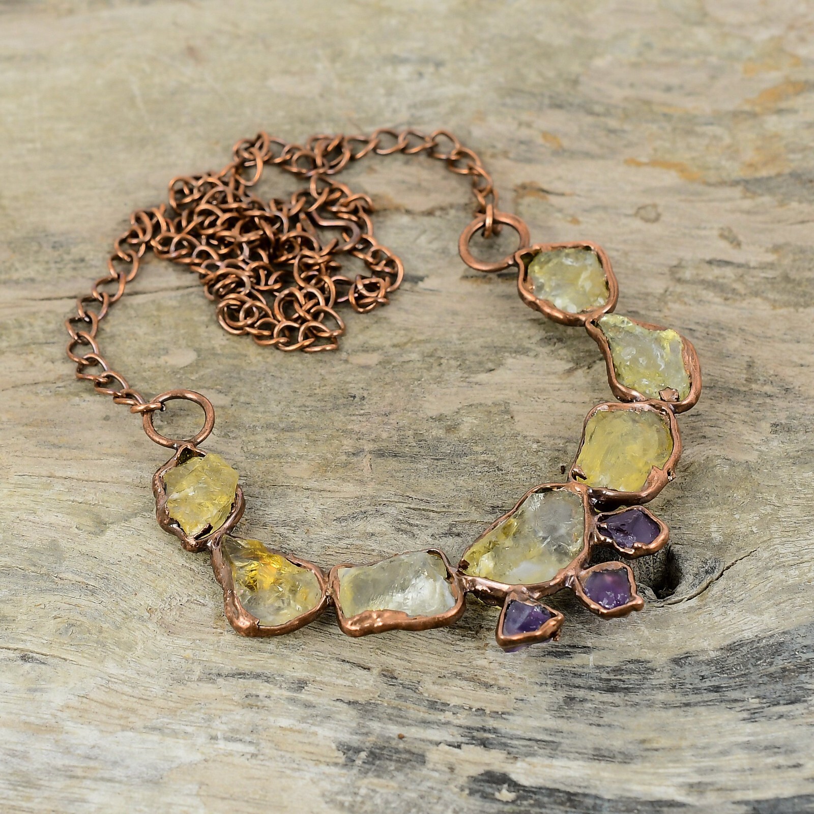 Citrine Rough Copper Gift For Love Electroformed Chain Adjustable Necklace 18.0″