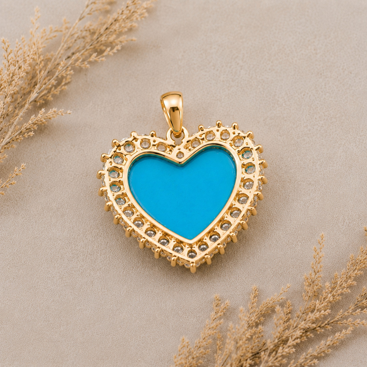 Turquoise Heart Pendant Brass CZ Halo Necklace Charm Gift for Her