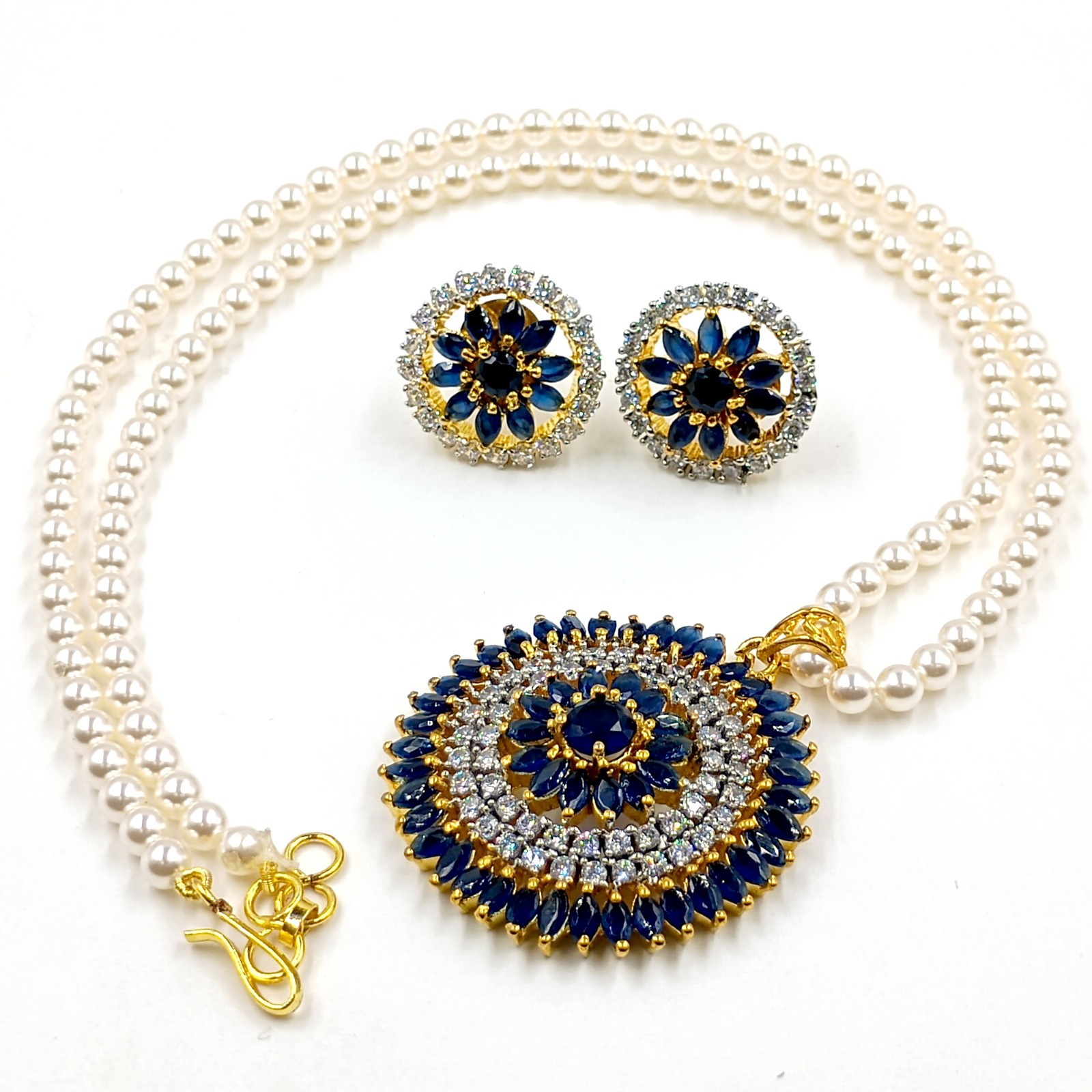 Traditional 22k Gold Plated Sapphire CZ Diamond Bridal Pendant Set Wedding Jewel