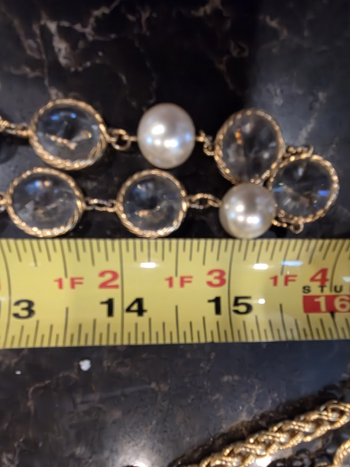 French Fancy Bezel Set Double Point Crystal & Glass Pearl Rope Necklace 32″ L