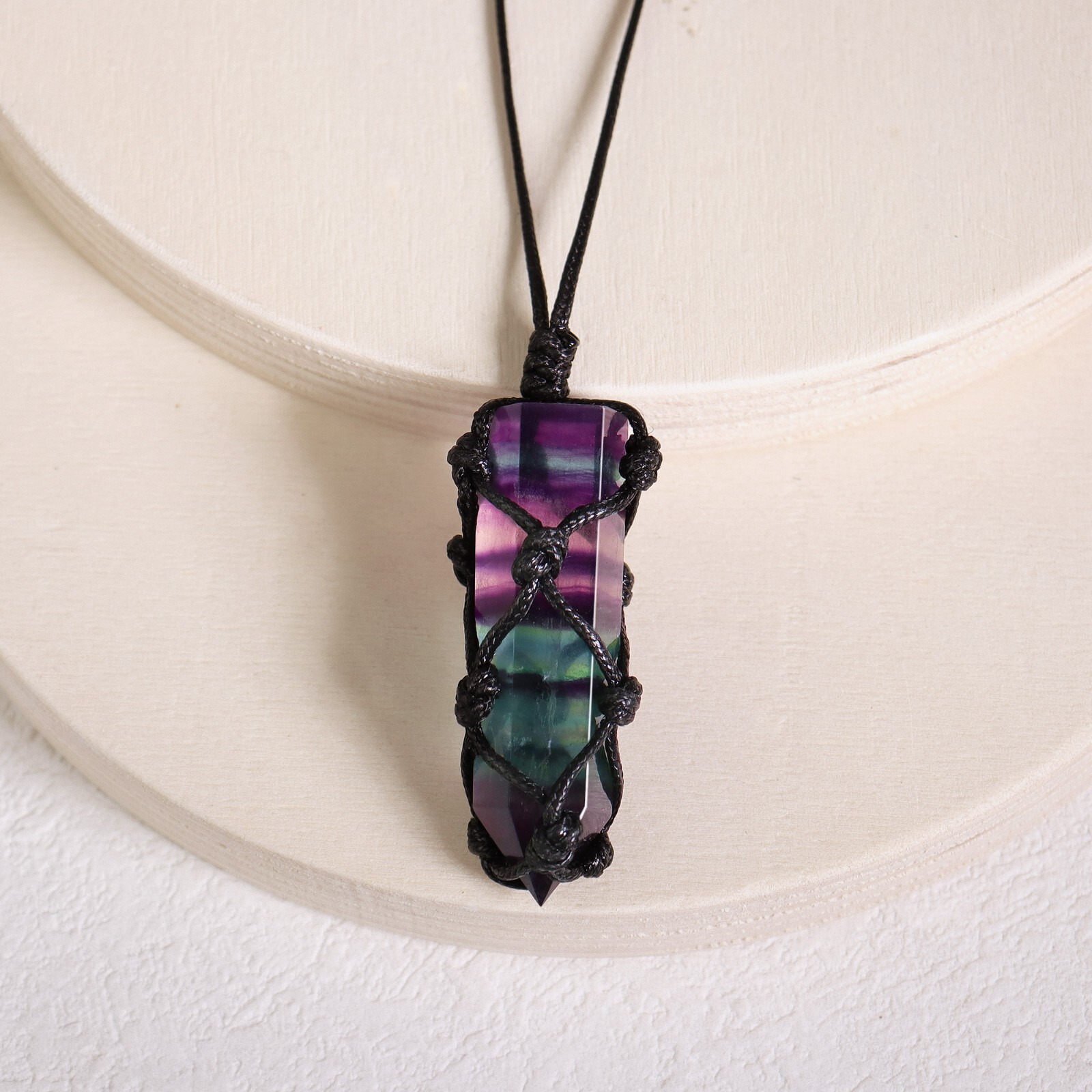 Genuine Rainbow Fluorite Crystal Hexagonal Point Pendant Healing Reiki Necklace