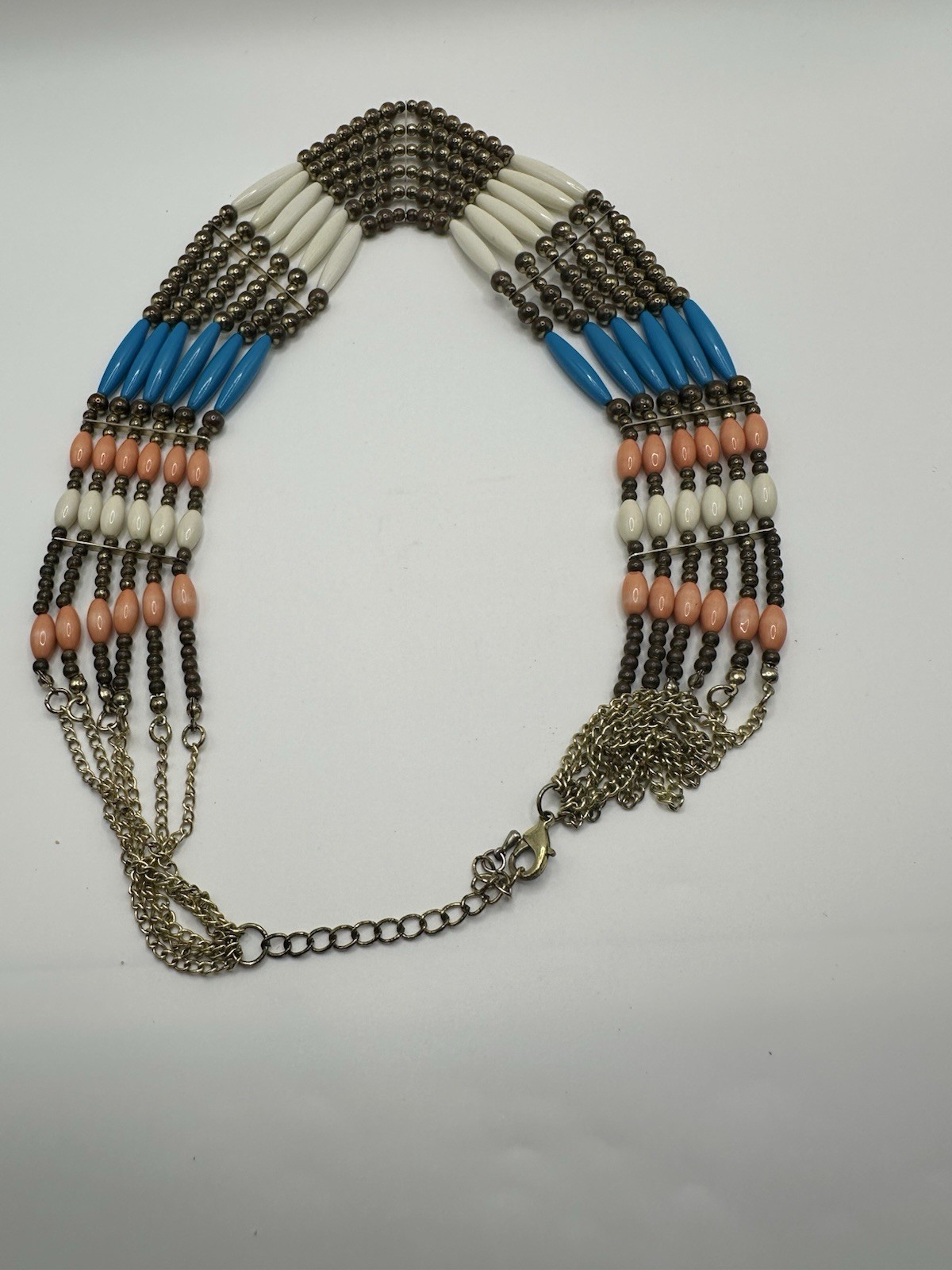 Gold Tone Pink And White Beaded Multi Strand Boho Native Style Necklace 24”