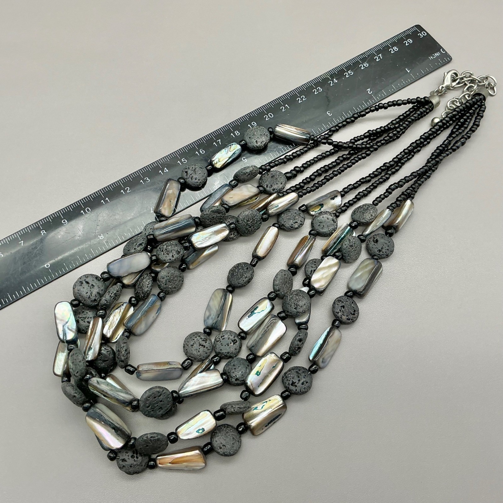 Premier Designs Necklace Womens Black Lava Rock Shell Multi Strand Statement