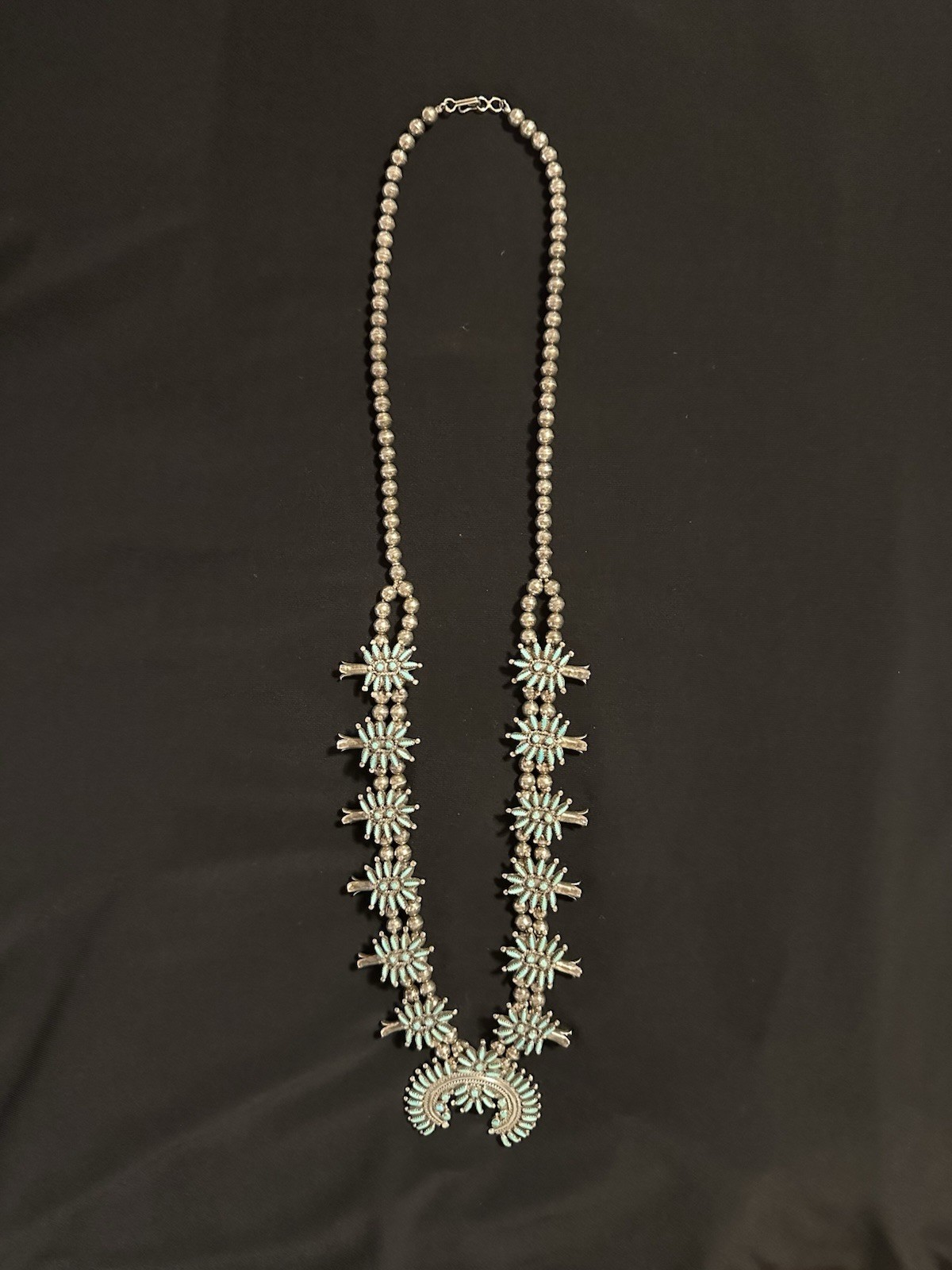 Ed Niiha Signed Sterling Silver Beaded Zuni Squash Blossom Necklace