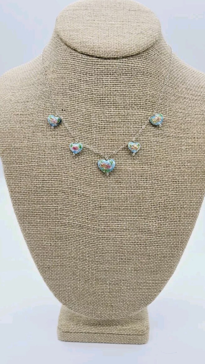 5 Heart Necklace Sterling Silver 925 Enamel Pastel Colors Beautiful 15 in