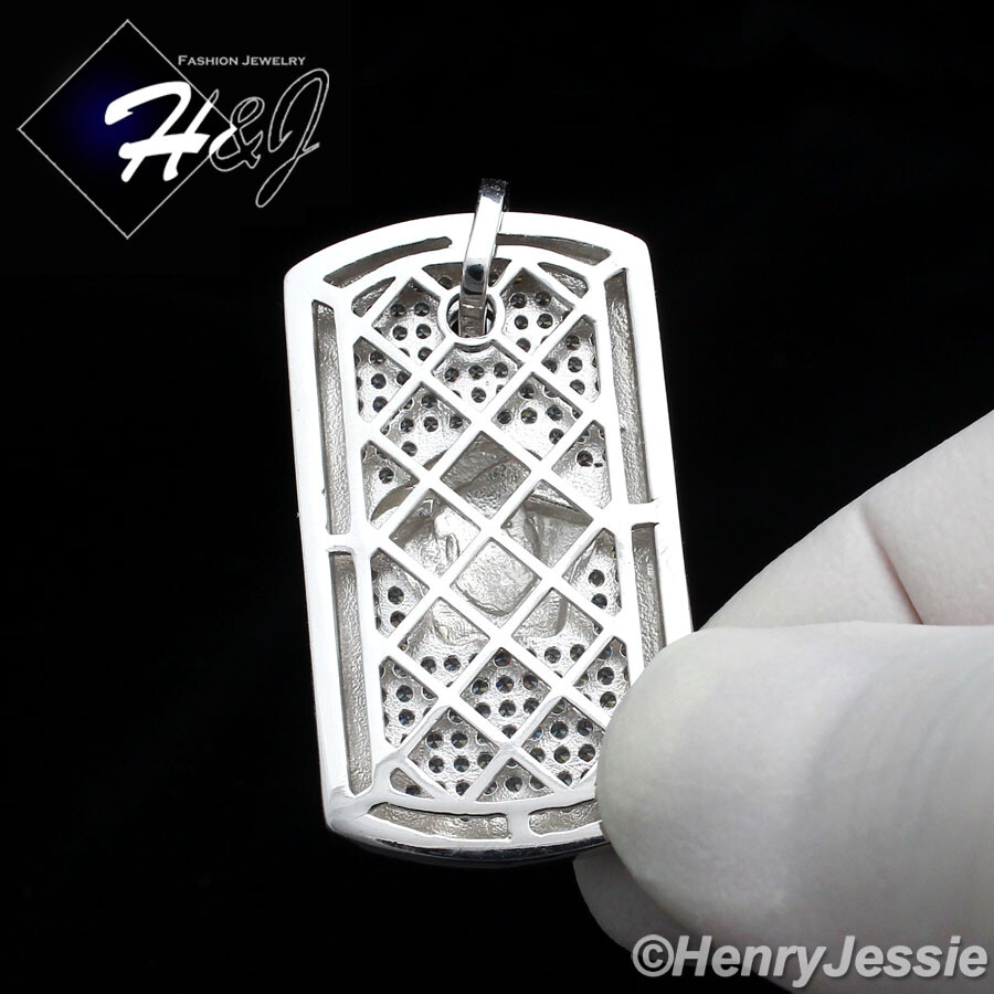 MEN 925 STERLING SILVER ICY BLING CUBIC ZIRCONIA HEAD DOG TAG PENDANT*SP112