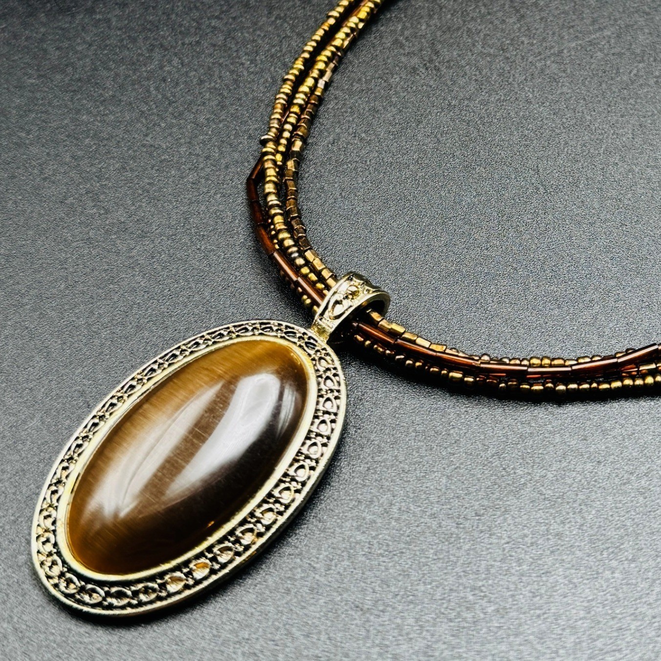 Brown Cats Eye Pendant Multi Strand Seed Bead Necklace Bronze Gold Boho Bohemian