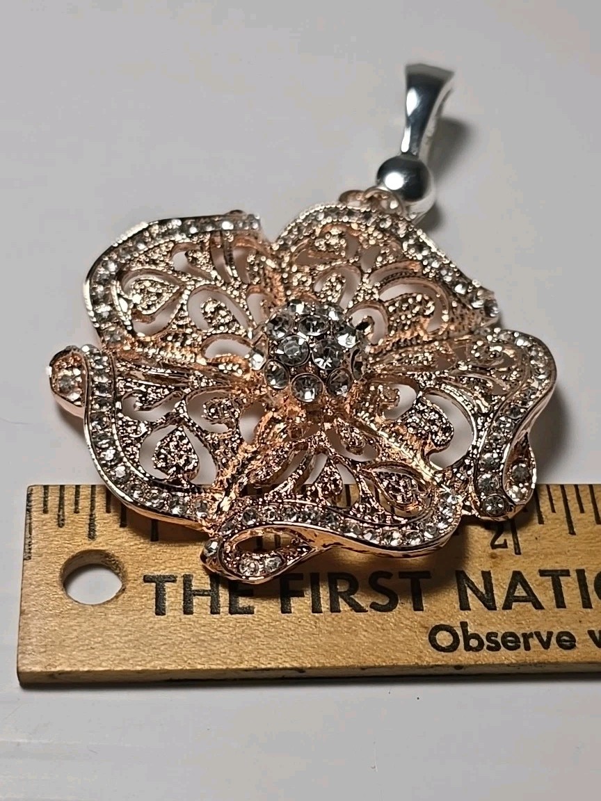 Roman (RMN) Rose Gold Flower Pendant Signed W/ Rhinestones Signed Wearable Art