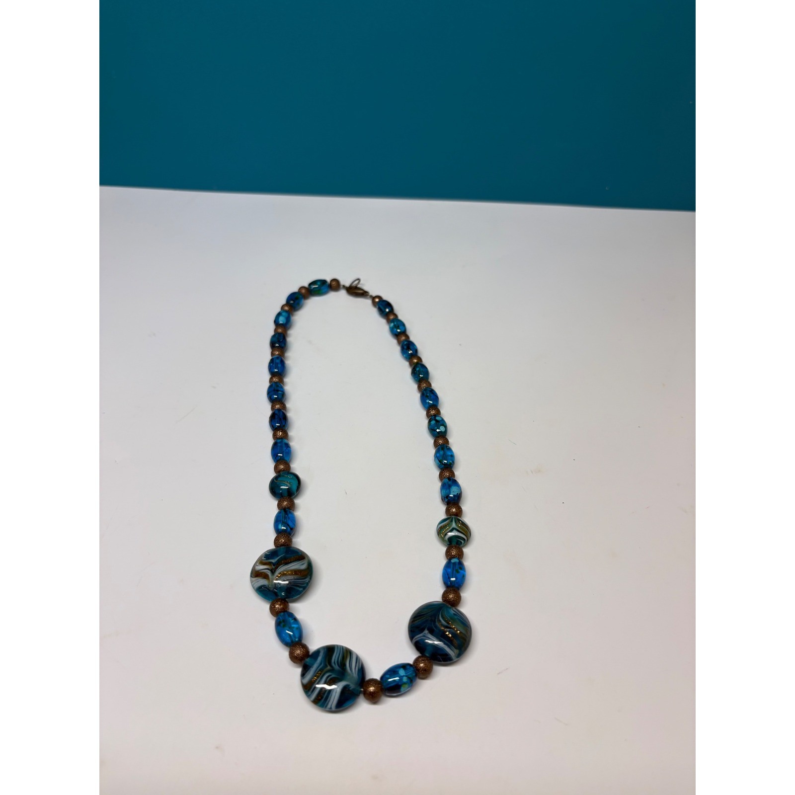 Blue Swirl Art Glass Bead Statement Necklace Bronze Tone Lobster Clasp Boho
