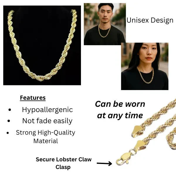 14K Stamped Gold Plated Rope Torch Chain Fashion Hip Hop Necklace 3-10mm/18-36″