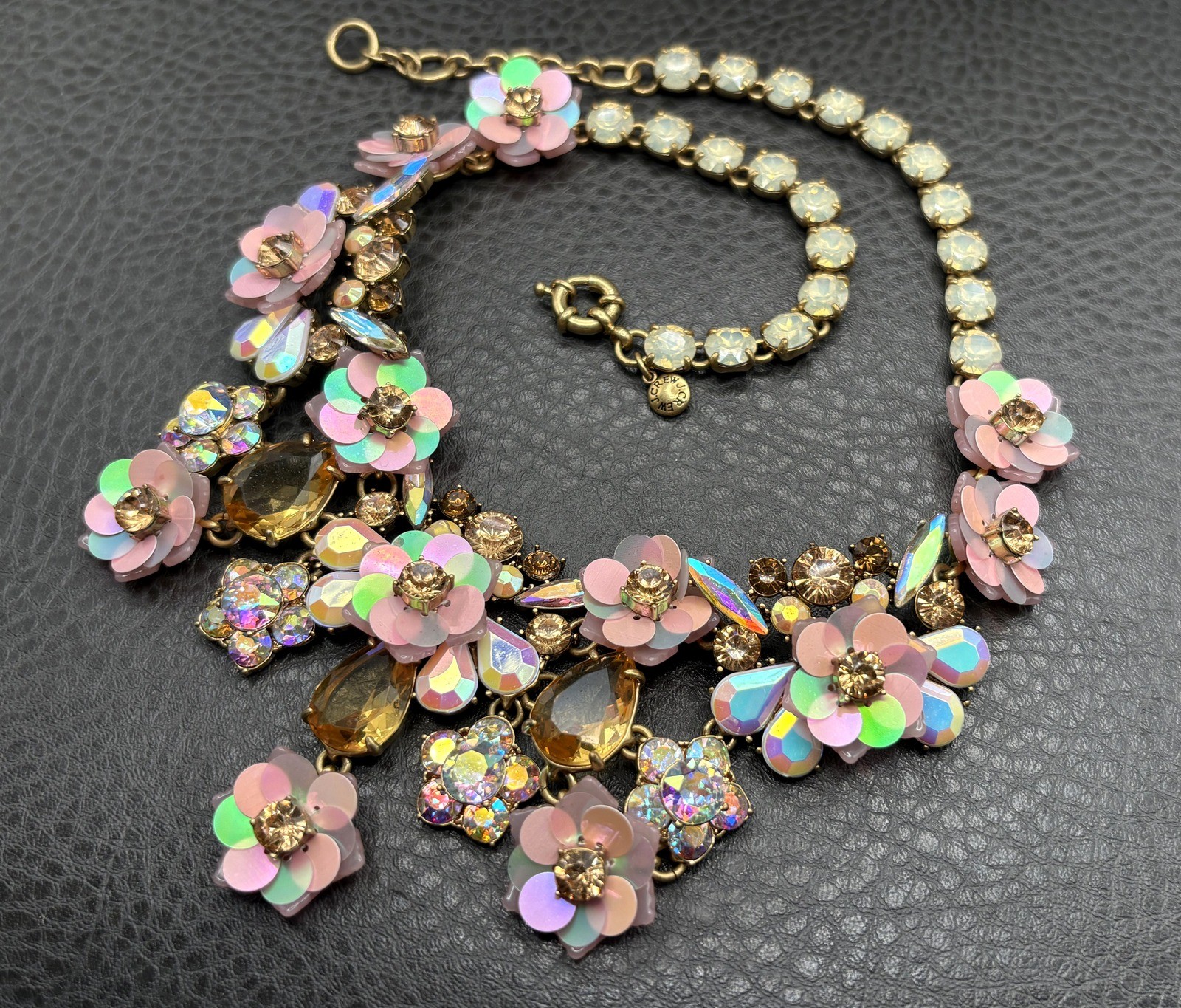 J Crew Amazing Floral Statement Bib Necklace Iridescent Pink Flowers Rhinestones