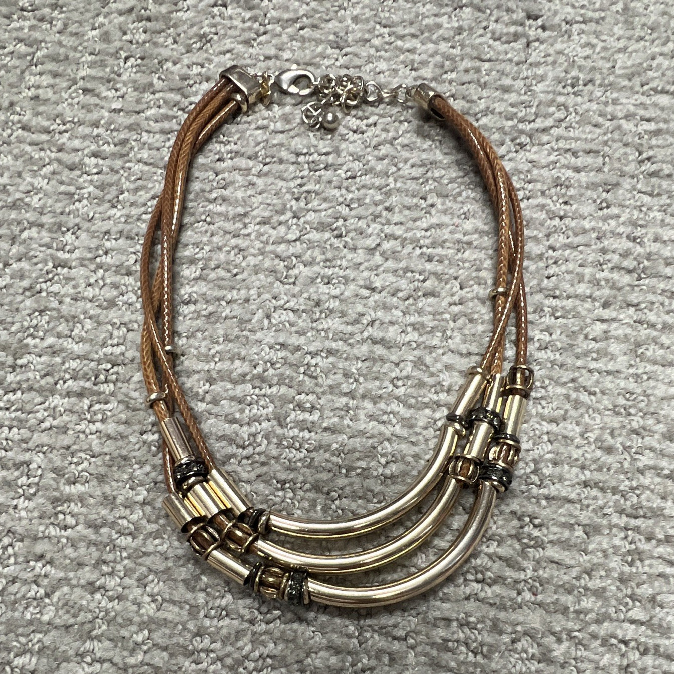Multi-Strand Brown Cord Necklace, Gold Silver Tone Bar Pendant, Adj, No Stone