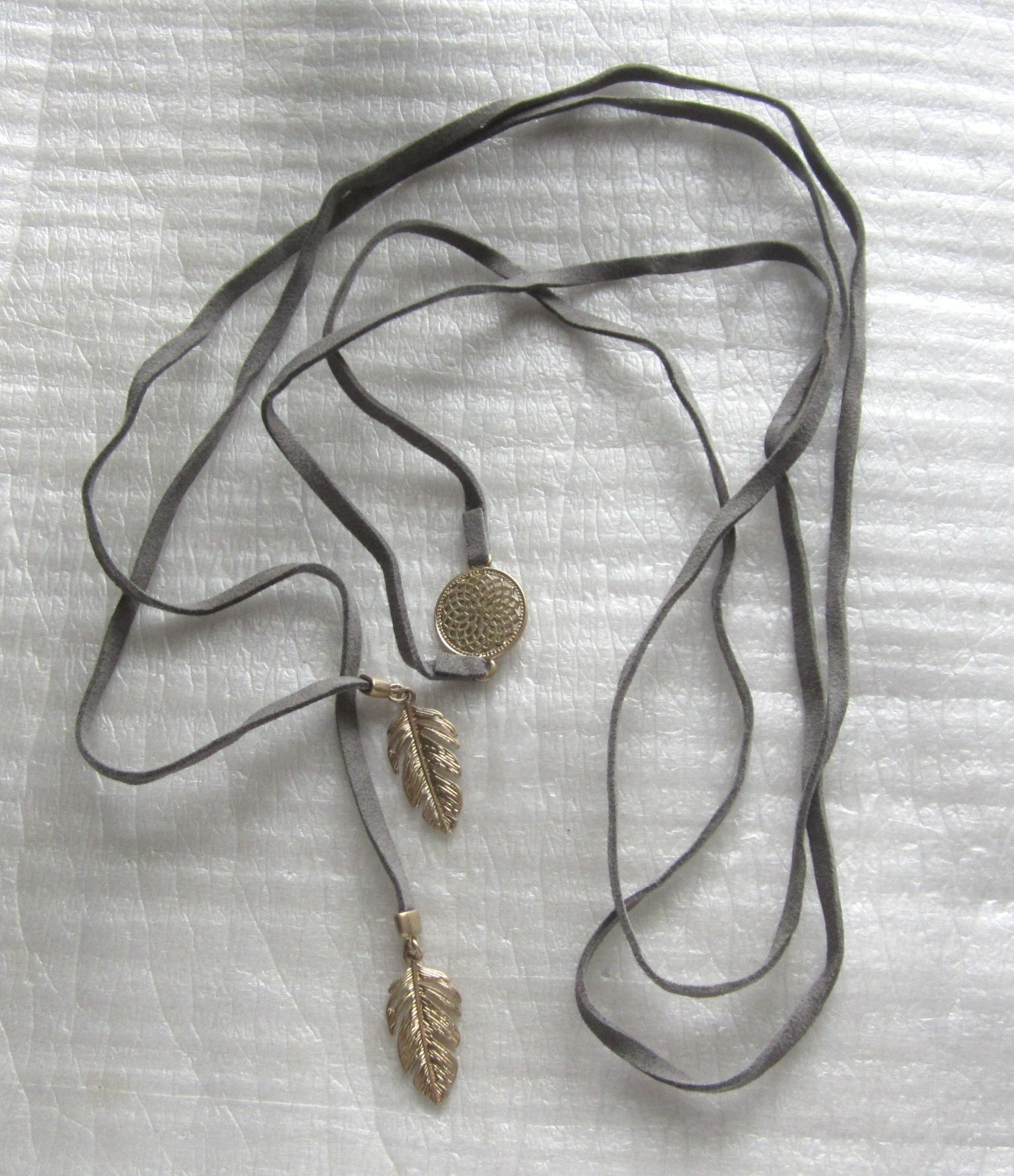 Gray Leather with Gold Leaves & Disk #necklace #jewelry #fashion