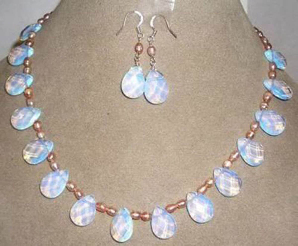 6-7mm Pink Rice Pearl 10x14mm White Moonstone Drop Beads Necklace Earrings Set