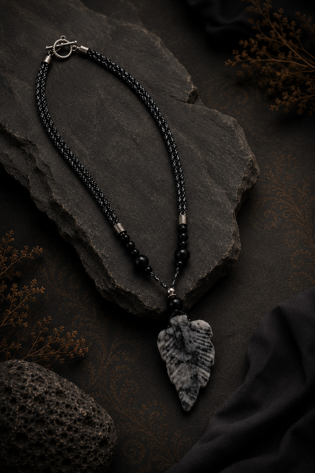 Handmade Dentritic Agate Leaf Pendant Necklace Natural Stone Boho jewelry Gift