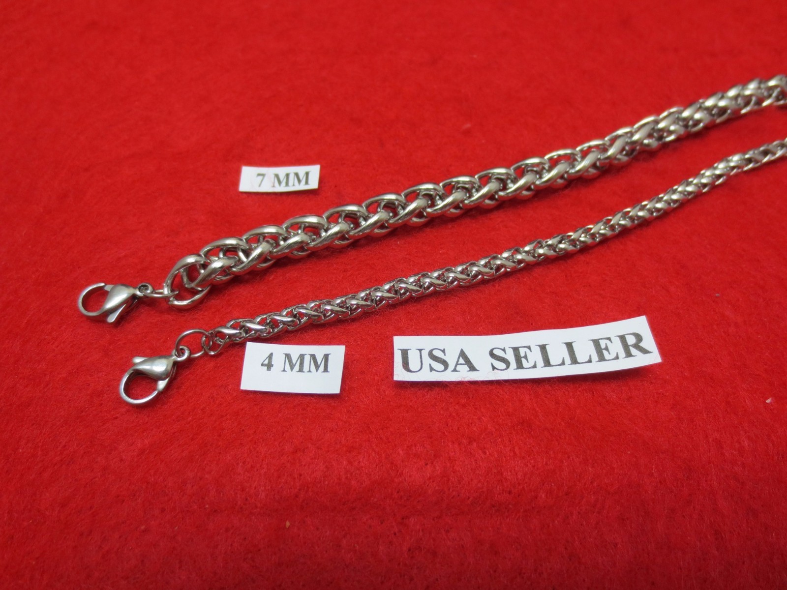 4/7MM Mens, Boys 7″-44″Stainless Steel Silver Braided Wheat Chain Necklace