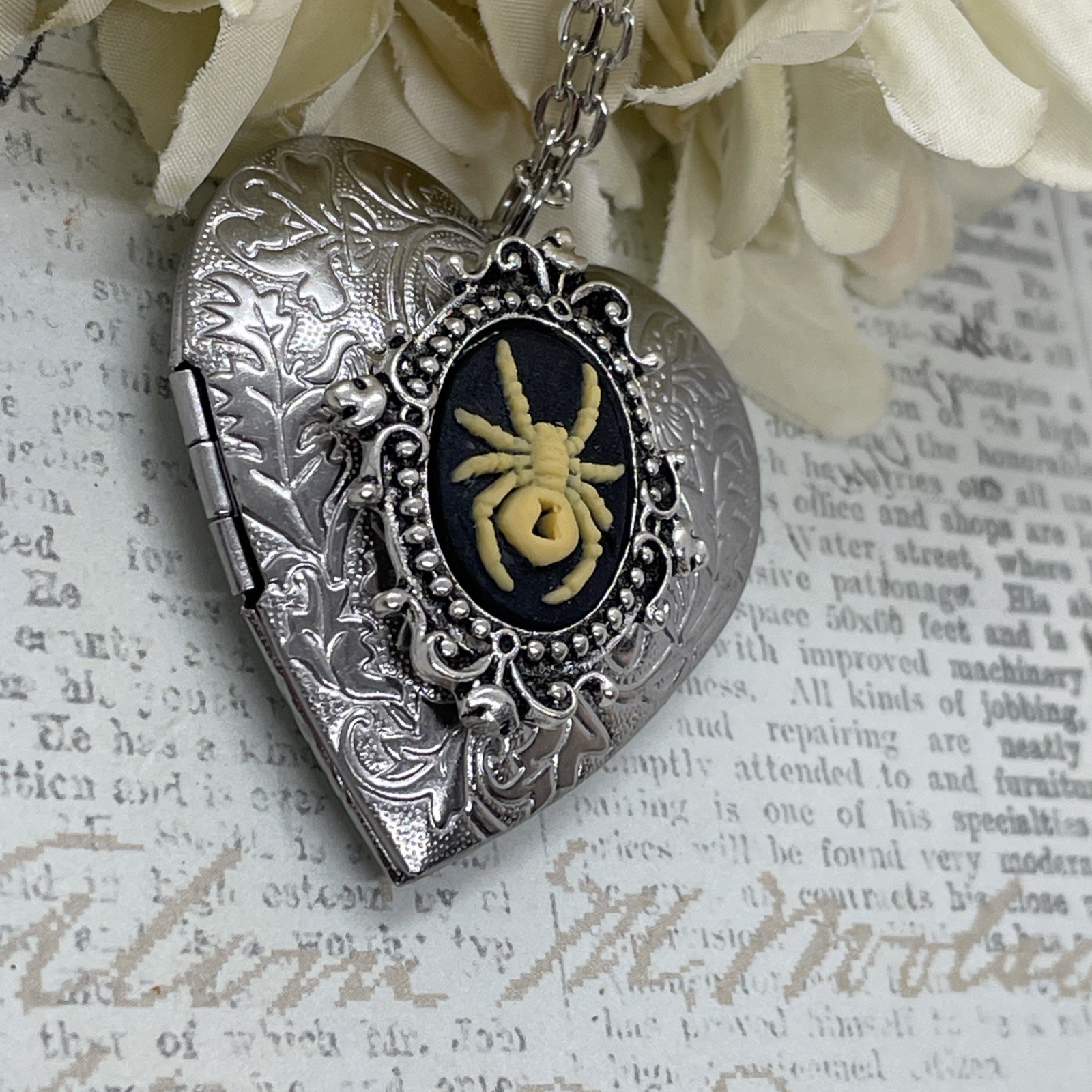 Heart Silver Locket Gothic Necklace Photo SPIDER Gothic Black Widow Cameo Witch