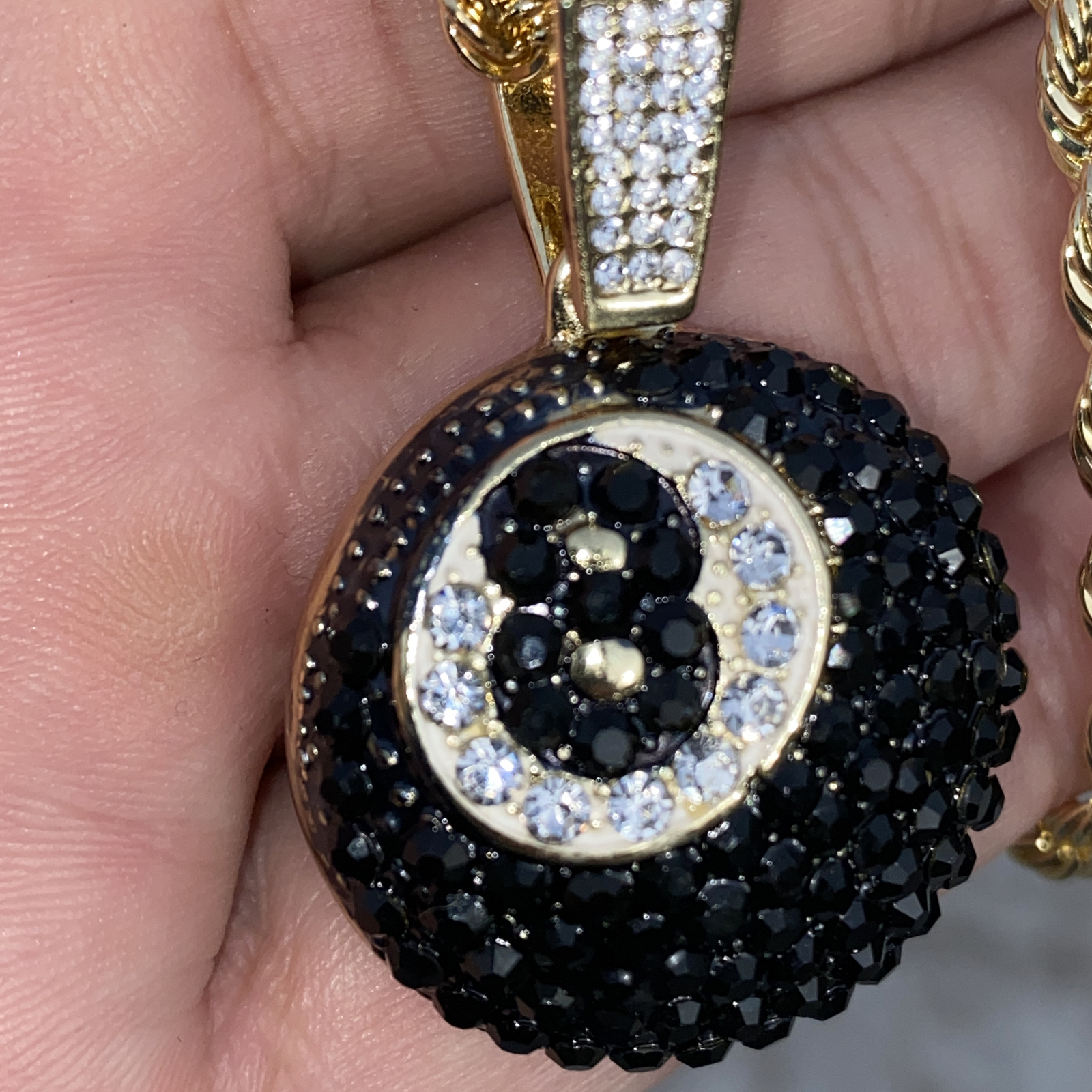 14k Gold Plated Black 8 Eight Ball Rope Chain Pool Simulated CZ Necklace 24″ in