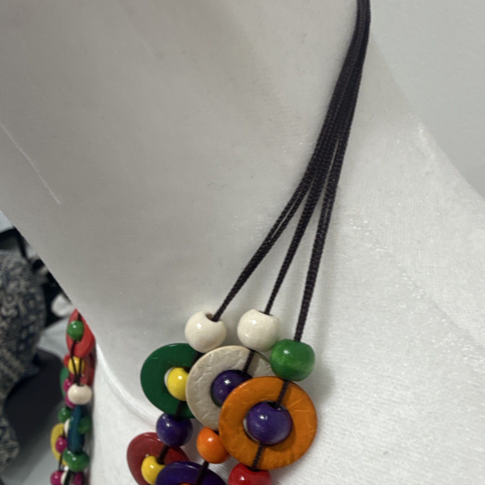 Multicolor Wood Beaded Statement Necklace Donut Pendant Cord Adjustable Slip