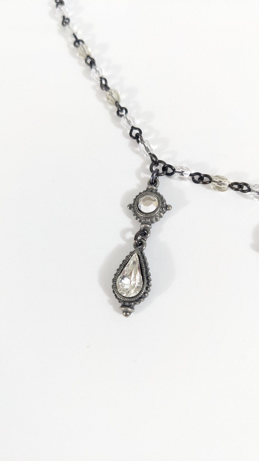 Ben Amun Crystal Dangle Necklace Silver Toned White Colorless Beads Rhinestones