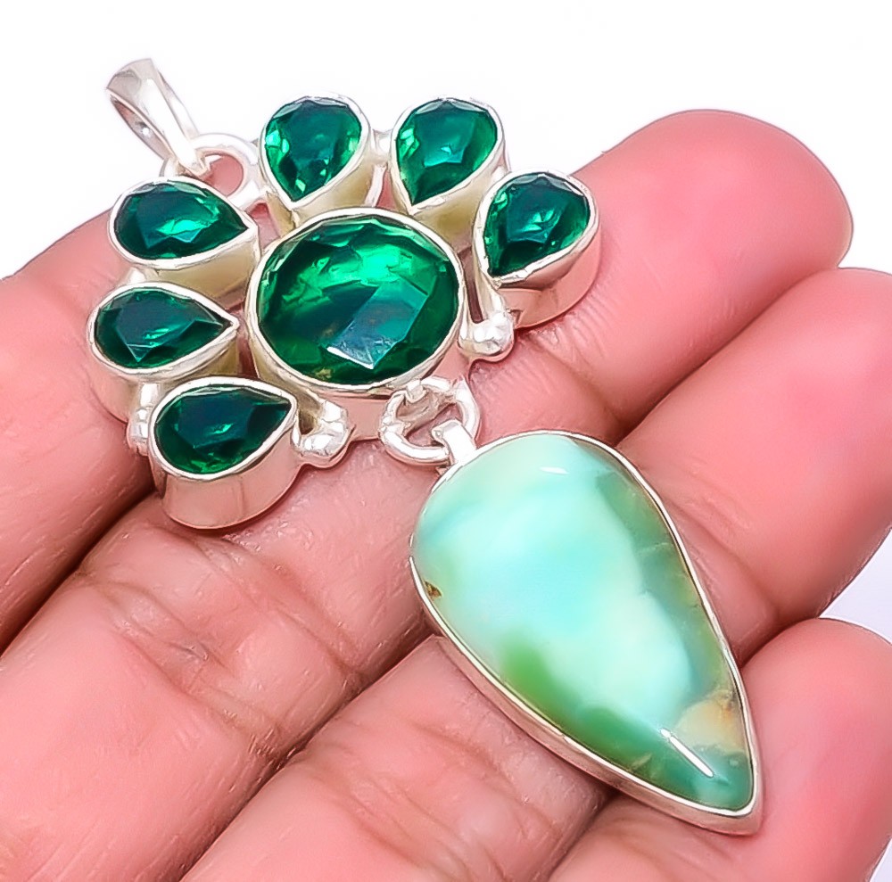 Mint Chrysoprase & Emerald (Lab-Created) 925 Silver Plated Pendant 2.34″ A368