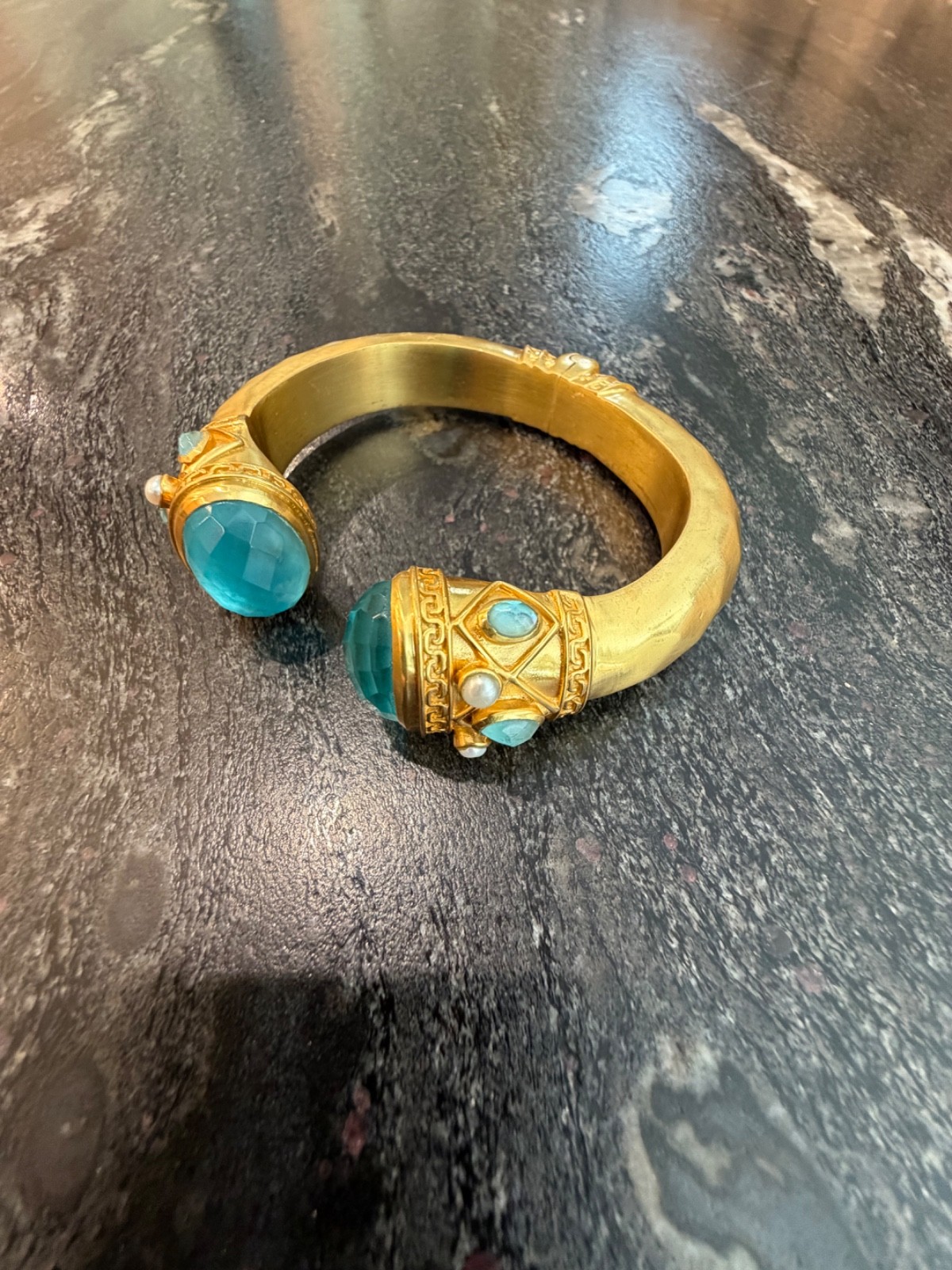 Julie Vos Iridescent Blue Stones & Pearls Large Hinged Cuff Bracelet
