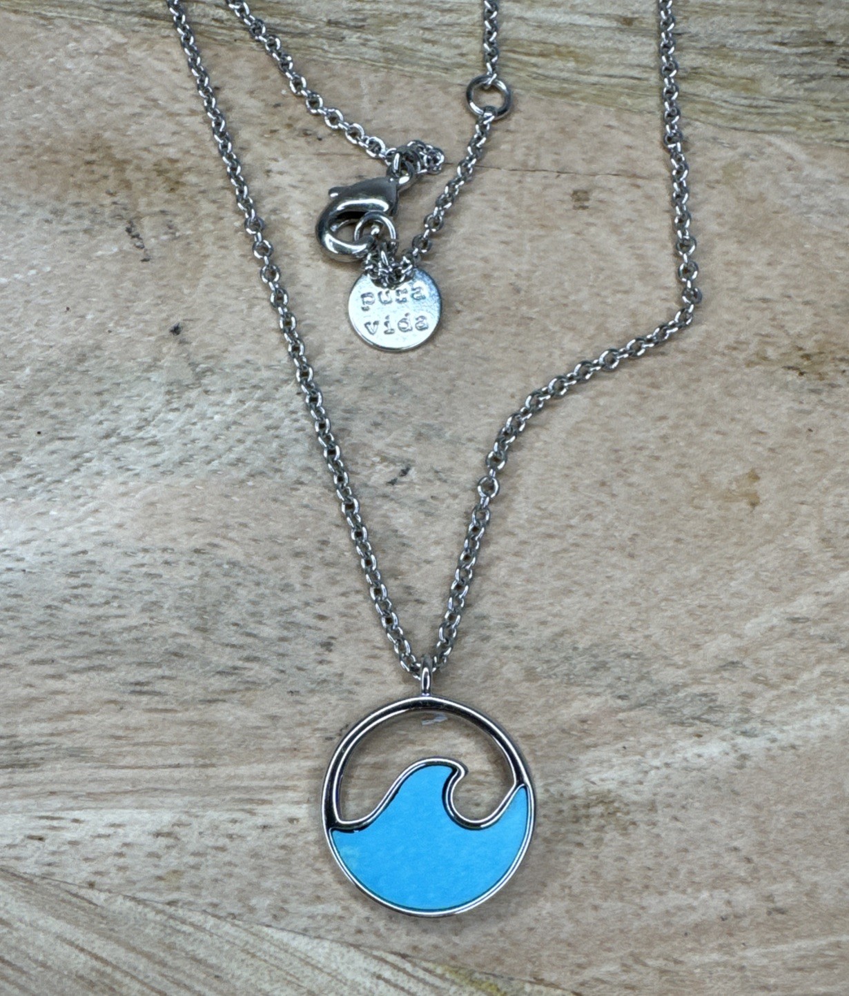 Pura Vida Silver Necklace With Blue Wave, Adjustable 16.25”, 17.25”, & 18.25”
