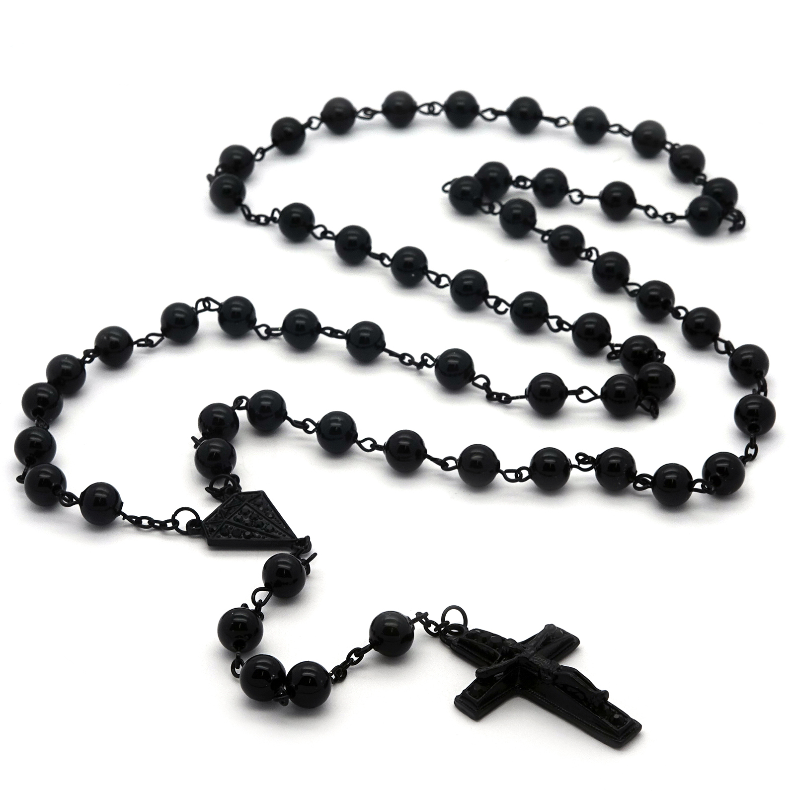 Men’s Hip Hop 8mm BLACK Beads D-Shape Rosary & Jesus Cross Necklace BK