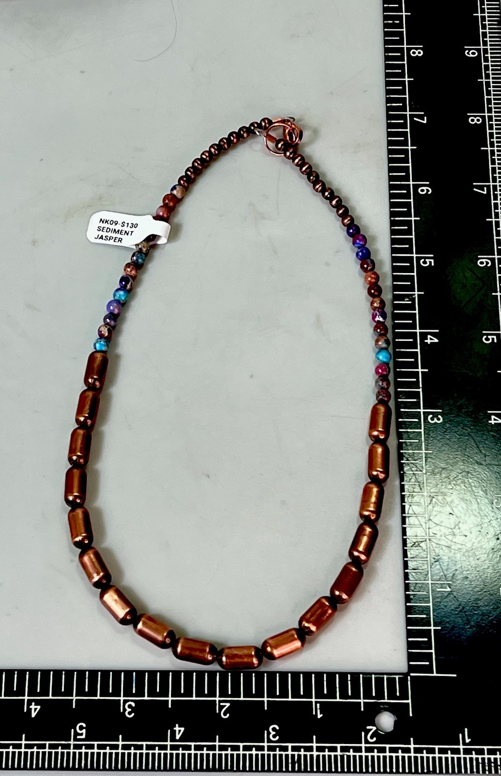 Sea Sediment Jasper Beaded Copper Barrel Bead Necklace Round Multicolor- 15 in