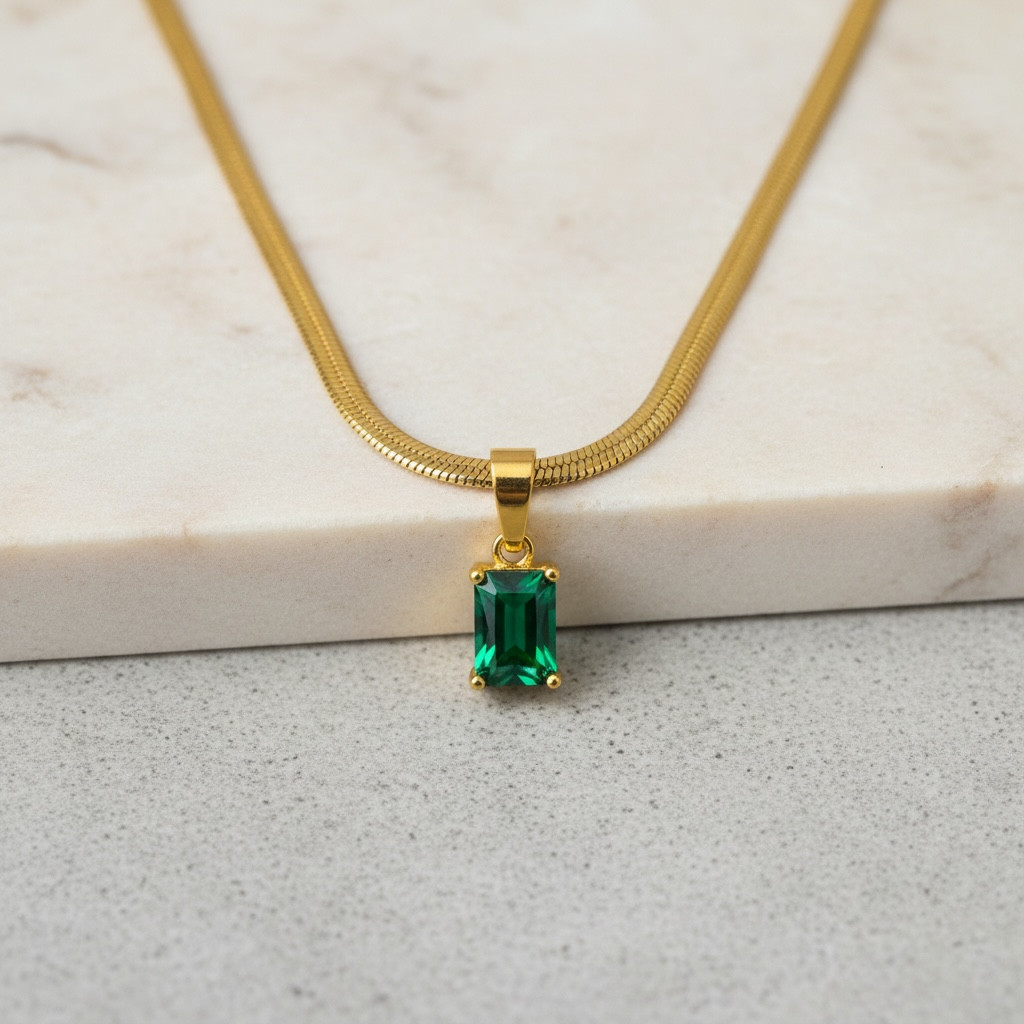 18K Gold-Plated Snake Chain Emerald CZ Pendent Dainty Layered Necklace Women