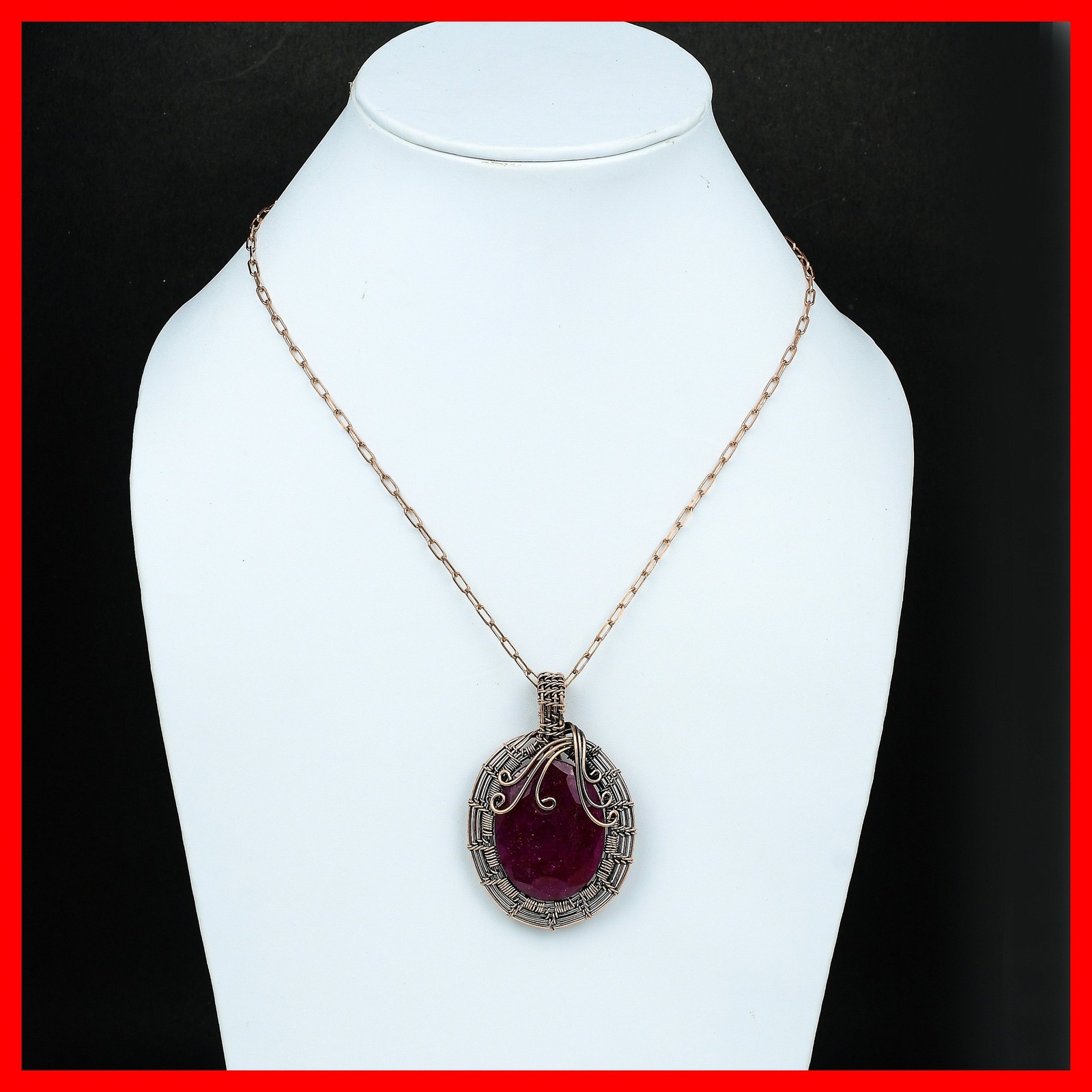 Oval Kashmir Rubi Gemstone Copper Ethnic Wire Wrapped Unique New Pendant Jewelry