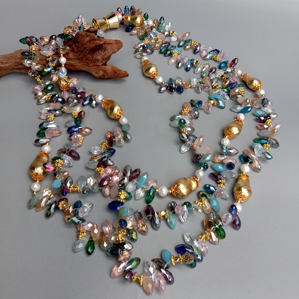 3 Strands Cultured White Pearl Multi Color Crystal Statement Necklace