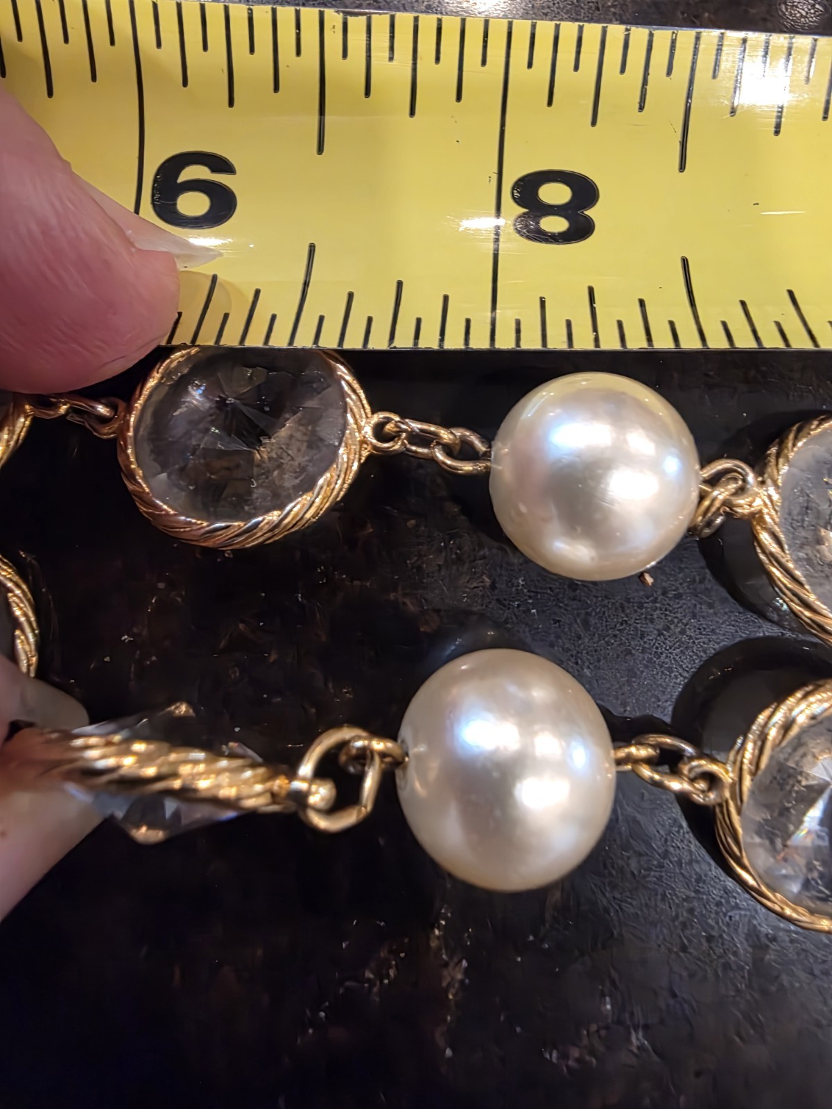 French Fancy Bezel Set Double Point Crystal & Glass Pearl Rope Necklace 32″ L