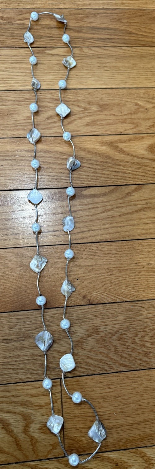 Fashion Layered Necklace & Earrings Abalone & Faux Pearl Silver Tone 54” Boho