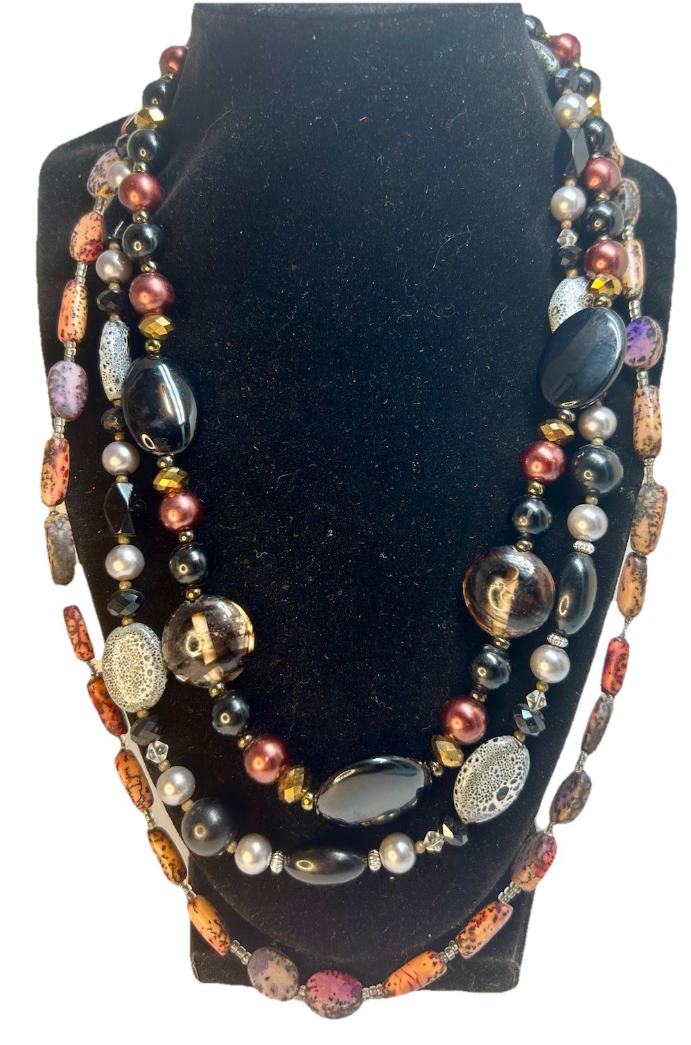 Lot Of 3 -Various Crafted Necklaces Beads & Stones Pendants Earthtones Vintage