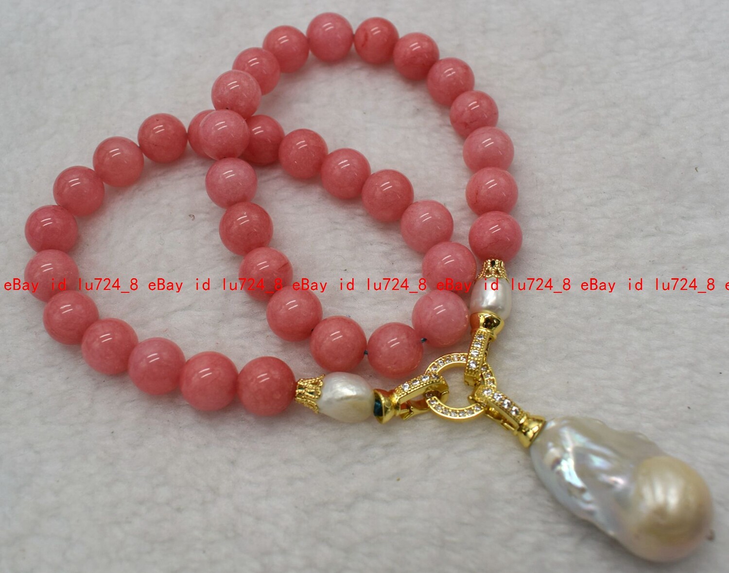Natural Pink Rhodochrosite Round Gems White Keshi Baroque Pearl Pendant Necklace