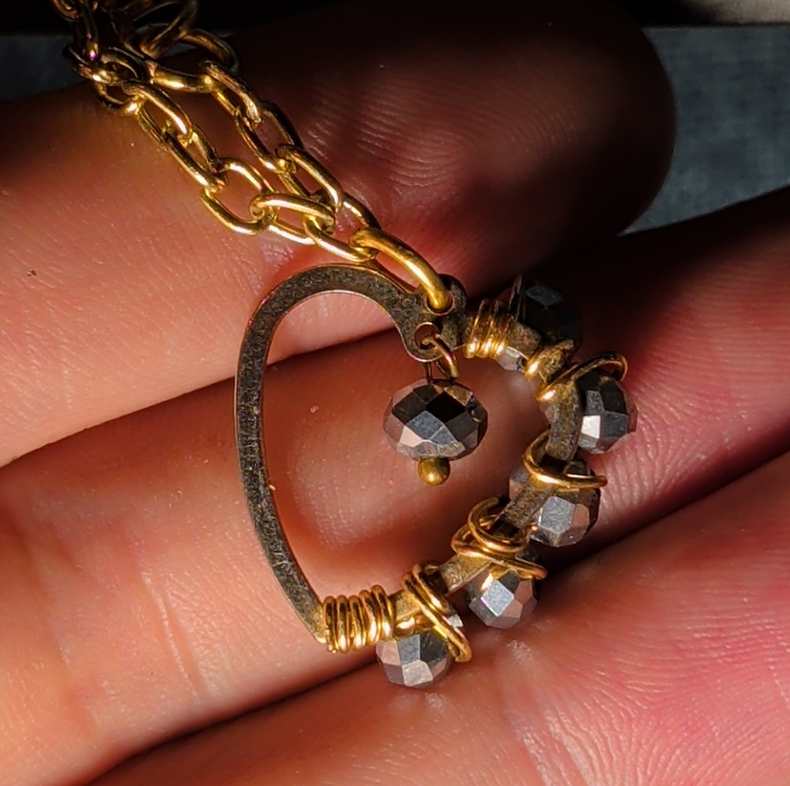 Wire Wrapped Heart Bracelet Gold Tone Hematite Bead Boho