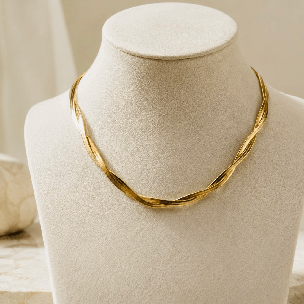 Liquid Gold Necklace Braided Snake Chain in 14k Gold Plate with Glossy Finish