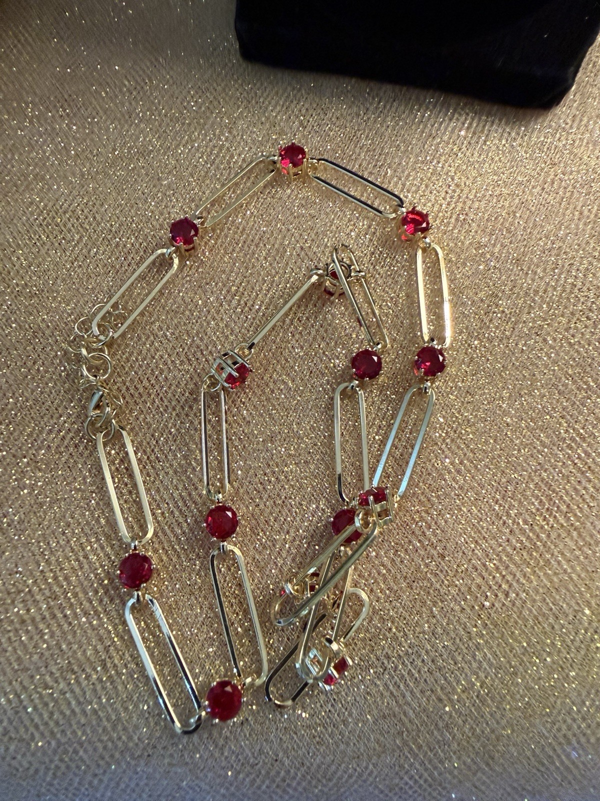 Red Austrian Crystal Paperclip Chain Necklace 18-20 Inches In Goldtone.