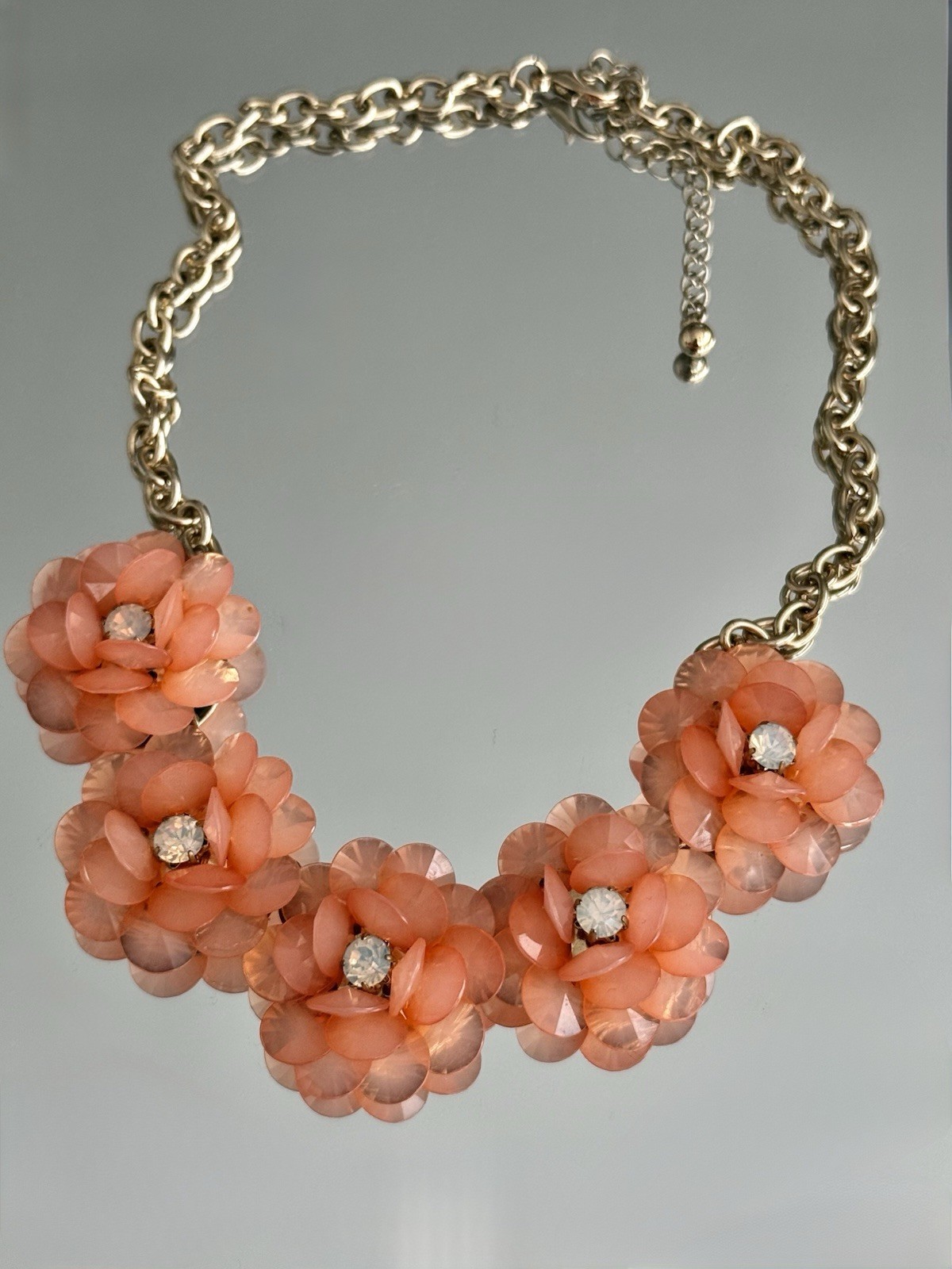 Chunky Peach Flower Statement Necklace Gold Tone Chain Rhinestone Accents Retro