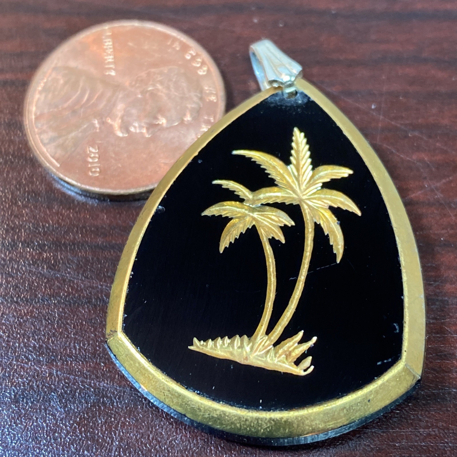Vintage Golden Palm Trees Etched on Jet Black Glass Pendant Charm Germany 1.25”