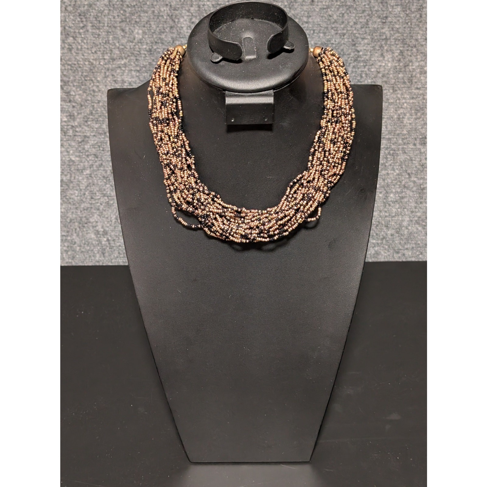 Gold Tone Necklace With Multi-Strand Black & Gold Beads